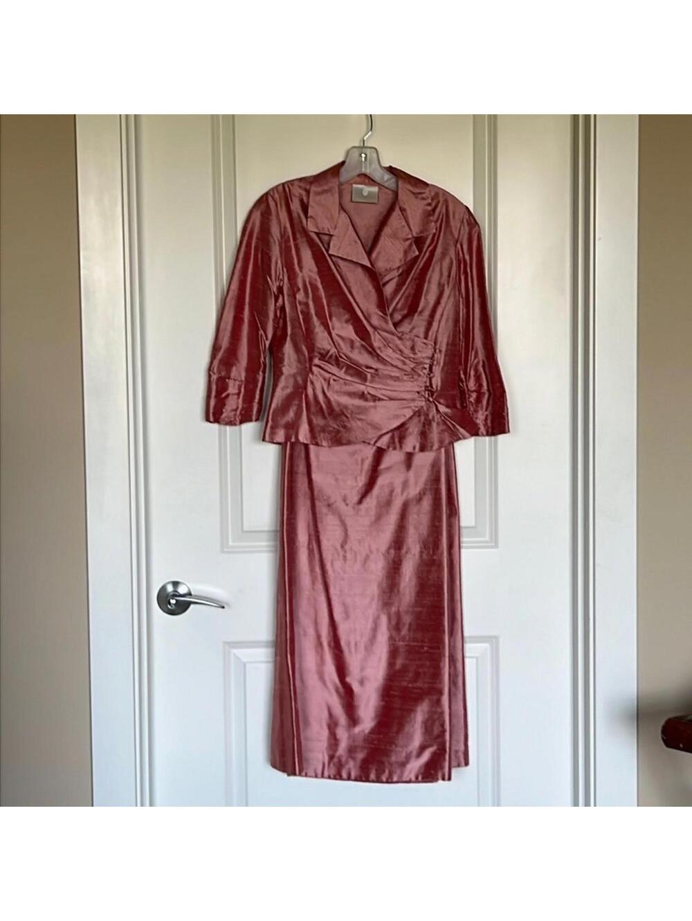 Shimmer Satin Midi Dress in Rosewood with Wrap-Front Jacket